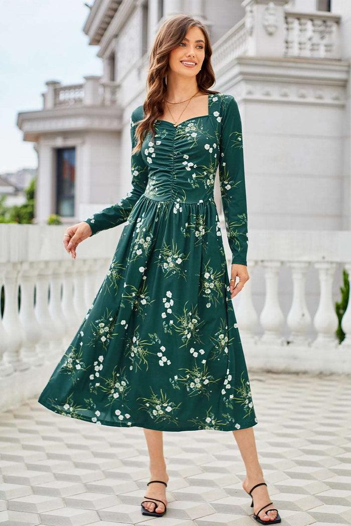 Grace Karin GK Women Ruched Maxi Dress Casual Long Sleeve Square V-Neck Flared A-Line Dress