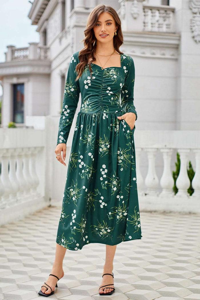 Grace Karin GK Women Ruched Maxi Dress Casual Long Sleeve Square V-Neck Flared A-Line Dress