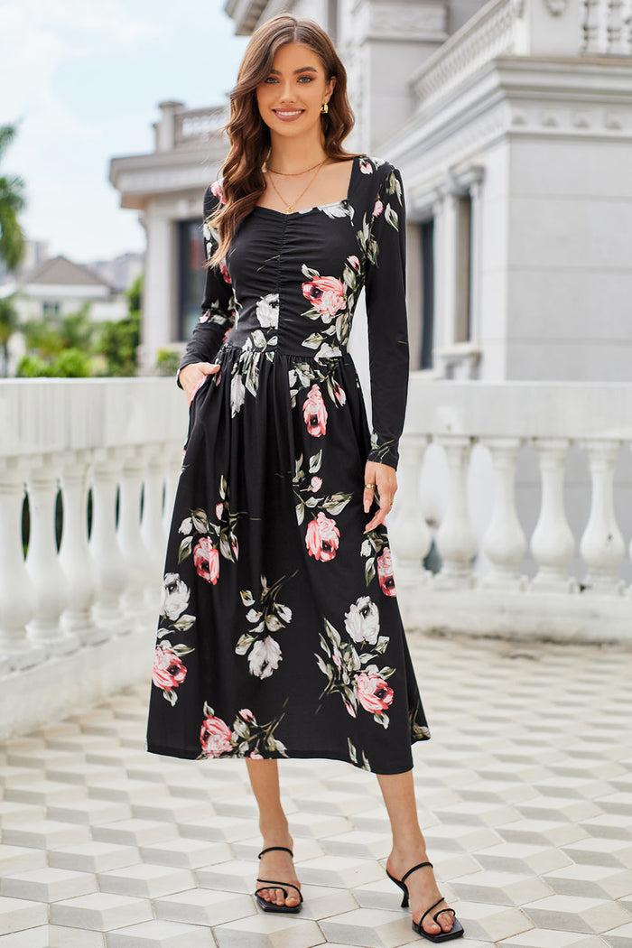 grace karin GK Women Ruched Maxi Dress Casual Long Sleeve Square V-Neck Flared A-Line Dress