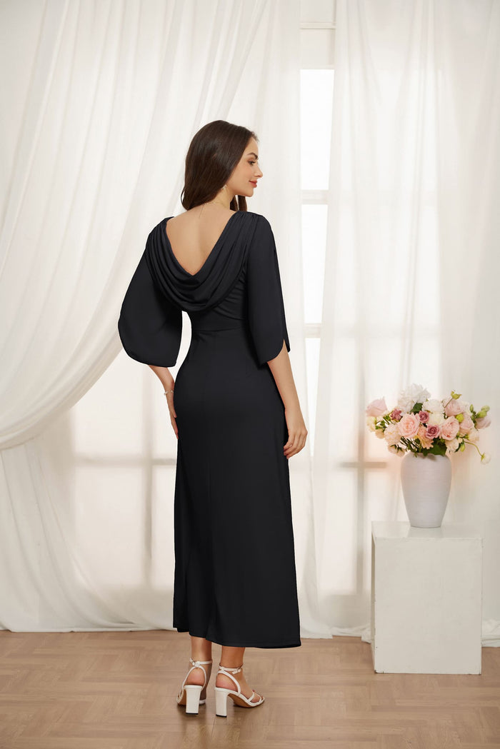 Grace Karin GK Women Ruched Party Dress 3/4 Sleeve Scoop Neck Side Slit Maxi A-Line Dress