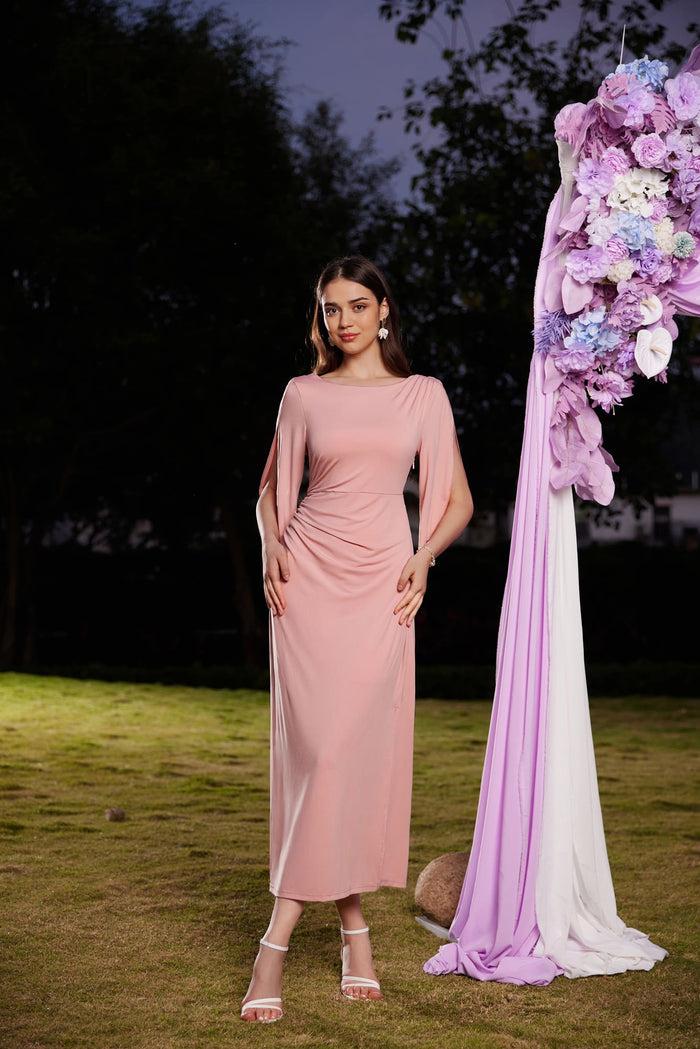 grace karin GK Women Ruched Party Dress 3/4 Sleeve Scoop Neck Side Slit Maxi A-Line Dress