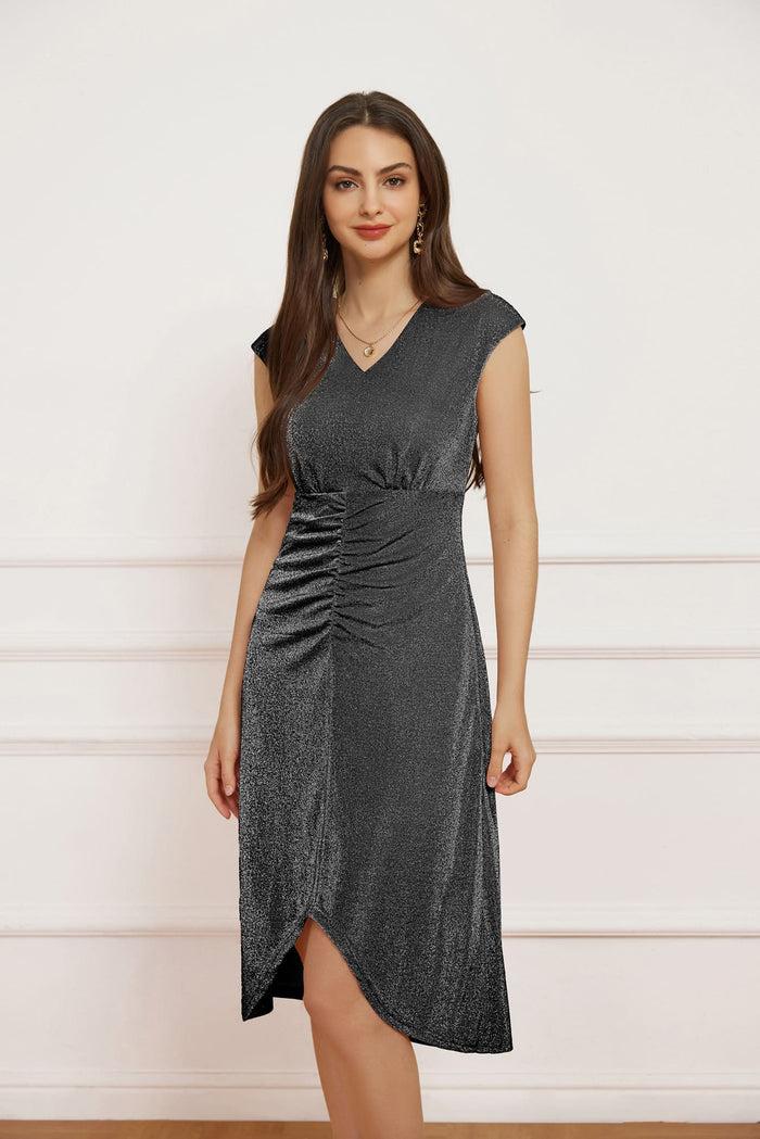 Grace Karin GK Women Ruched Party Dress Cap Sleeve V-Neck Irregular Hem A-Line Dress