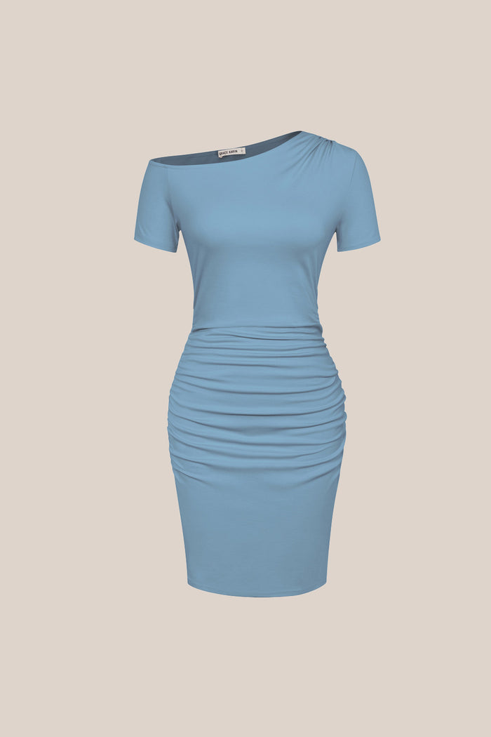 Grace Karin GK Women Ruched Party Dress Short Sleeve Asymmetric One-Shoulder Bodycon Dress