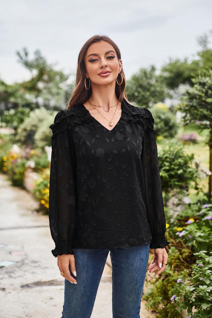 Grace Karin GK Women Ruffle Decorated Blouse Casual Long Sleeve V-Neck Pullover Tops
