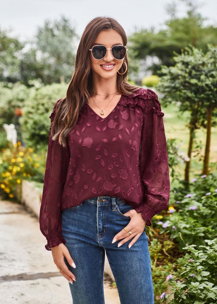Grace Karin GK Women Ruffle Decorated Blouse Casual Long Sleeve V-Neck Pullover Tops