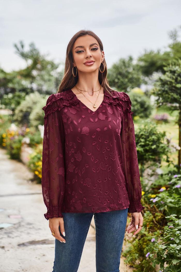Grace Karin GK Women Ruffle Decorated Blouse Casual Long Sleeve V-Neck Pullover Tops