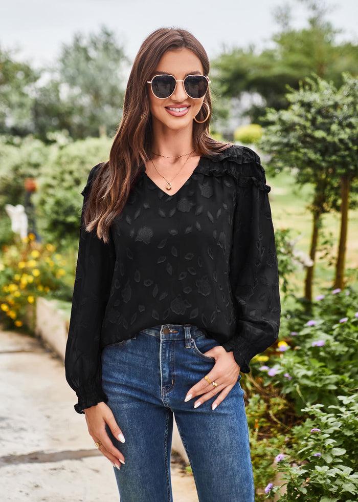 grace karin GK Women Ruffle Decorated Blouse Casual Long Sleeve V-Neck Pullover Tops