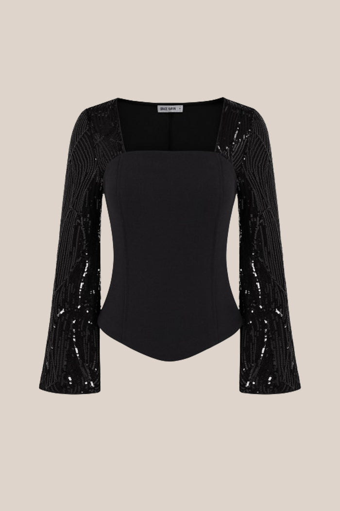 Grace Karin GK Women Sequin Patchwork Tops Long Sleeve Square Neck Curved Hem Party Tops