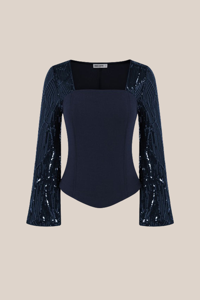 Grace Karin GK Women Sequin Patchwork Tops Long Sleeve Square Neck Curved Hem Party Tops