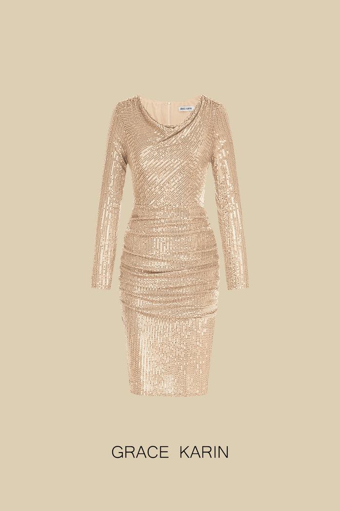 Grace Karin GK Women Sequined Party Dress Long Sleeve Cowl Neck Ruched Bodycon Dress
