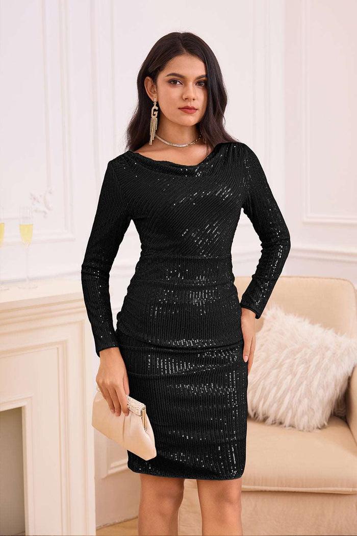 Grace Karin GK Women Sequined Party Dress Long Sleeve Cowl Neck Ruched Bodycon Dress