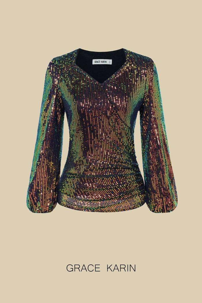 Grace Karin GK Women Sequined Party Tops Long Sleeve Square V-Neck Ruched Tops