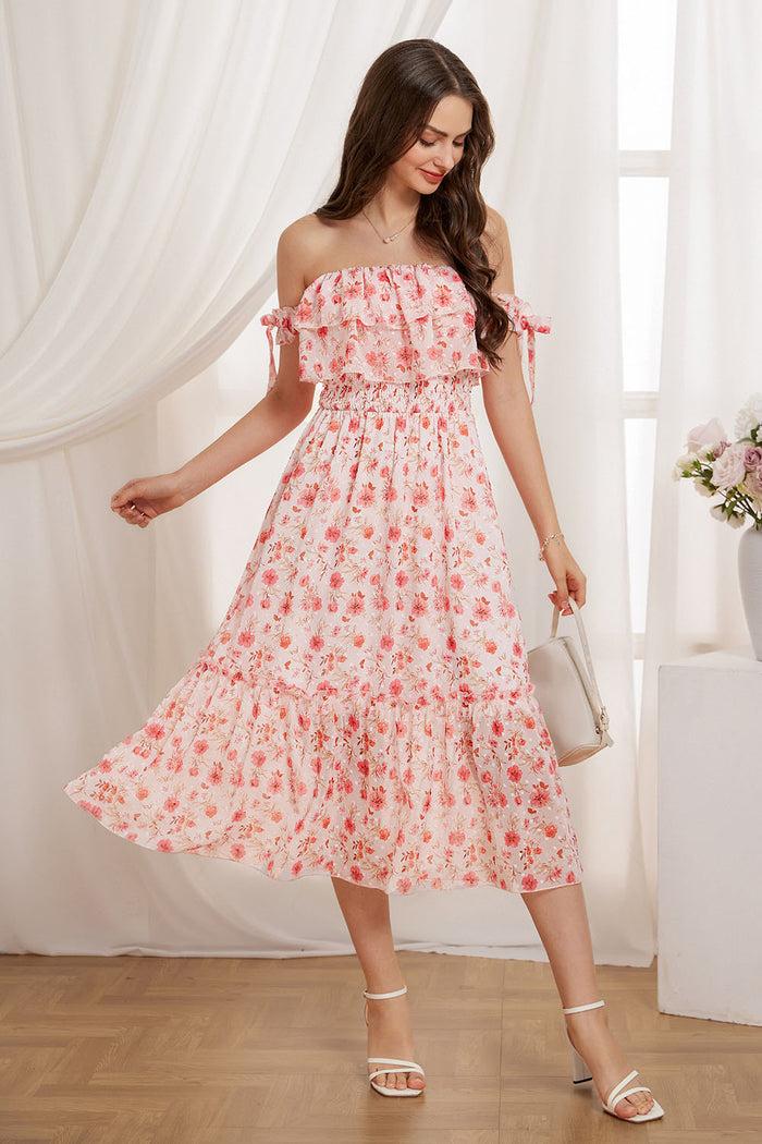 Grace Karin GK Women Smocked Bodice Mid-Calf Dress Off Shoulder Tiered A-Line Dress