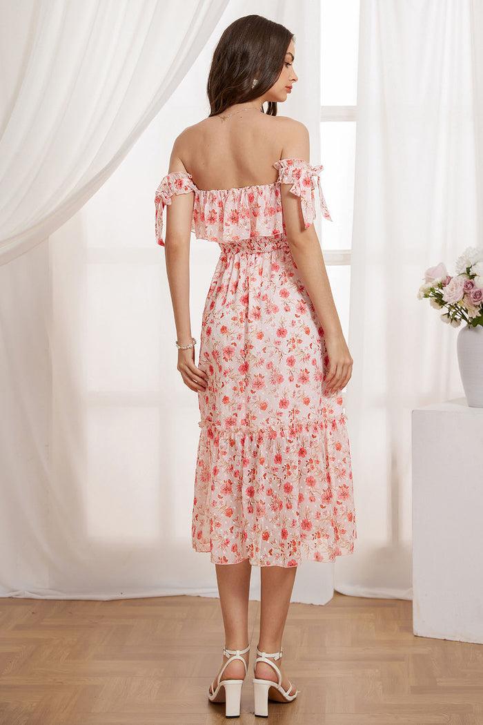 Grace Karin GK Women Smocked Bodice Mid-Calf Dress Off Shoulder Tiered A-Line Dress