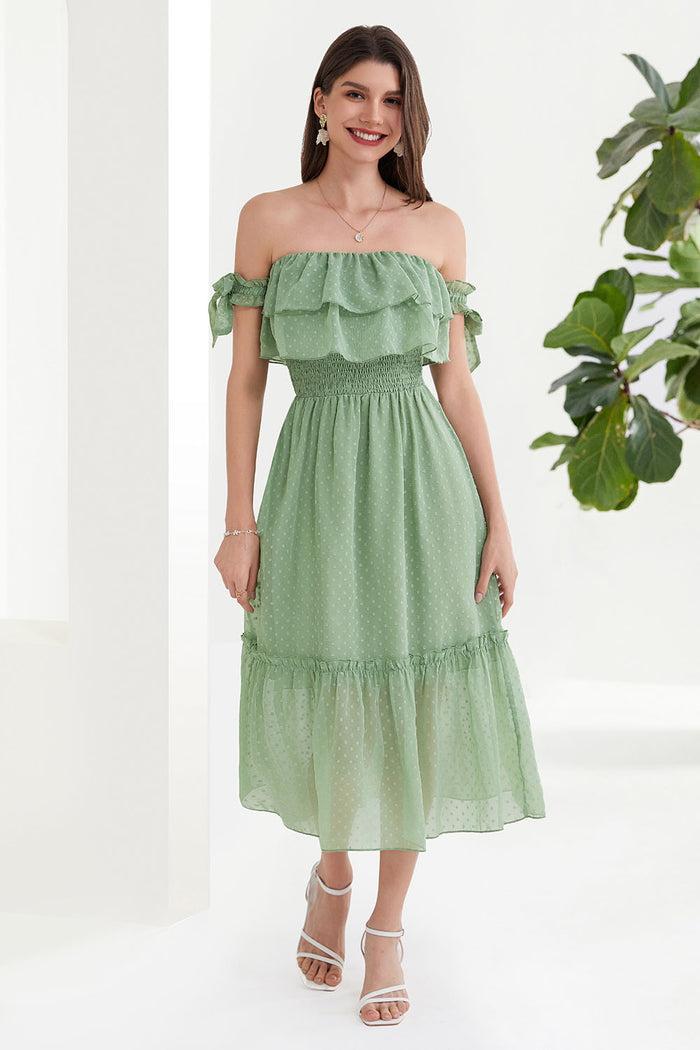 Grace Karin GK Women Smocked Bodice Mid-Calf Dress Off Shoulder Tiered A-Line Dress