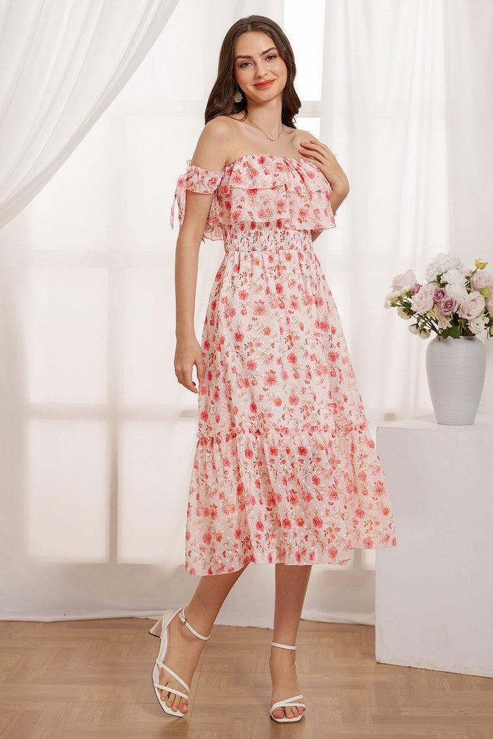 grace karin GK Women Smocked Bodice Mid-Calf Dress Off Shoulder Tiered A-Line Dress