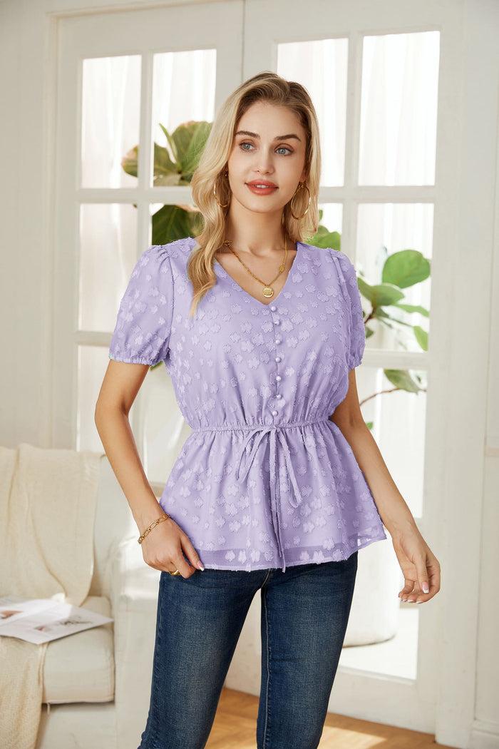 Grace Karin GK Women Swiss Dot A-Line Tops Short Sleeve V-Neck Elastic Waist Pullover Tops