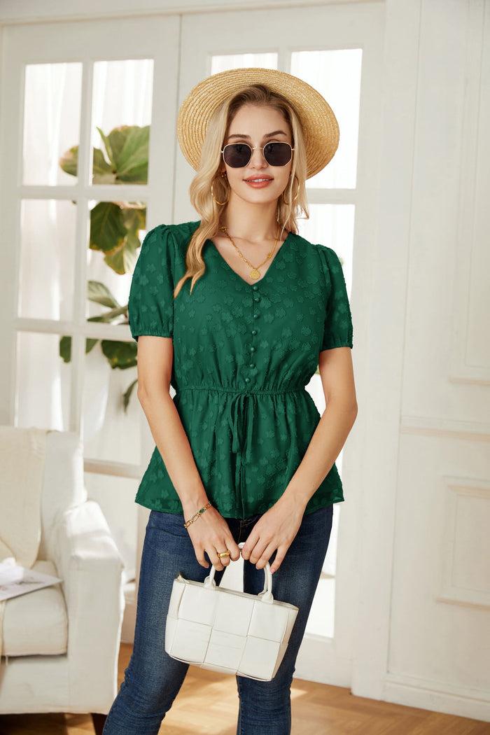 Grace Karin GK Women Swiss Dot A-Line Tops Short Sleeve V-Neck Elastic Waist Pullover Tops