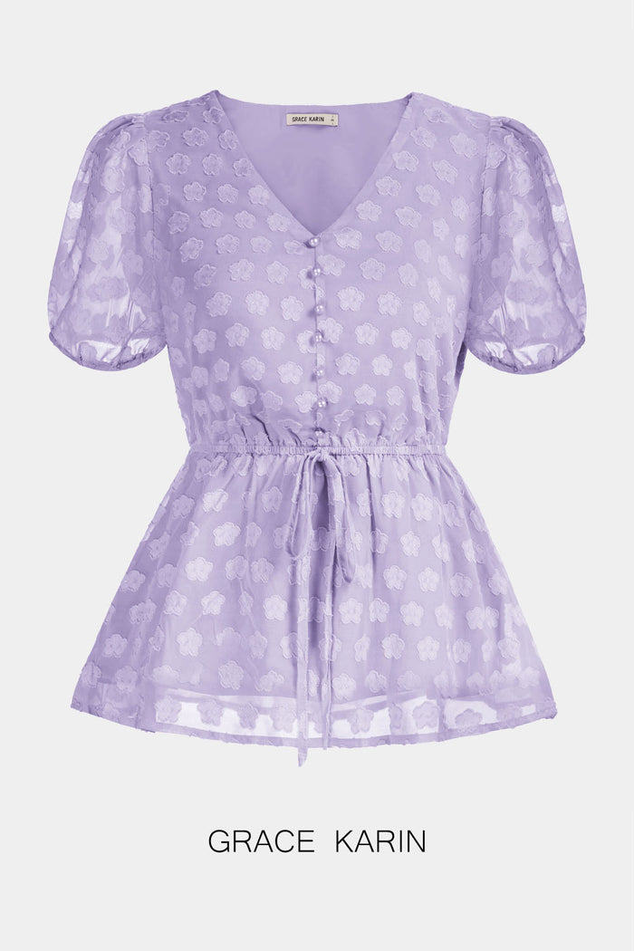 Grace Karin GK Women Swiss Dot A-Line Tops Short Sleeve V-Neck Elastic Waist Pullover Tops