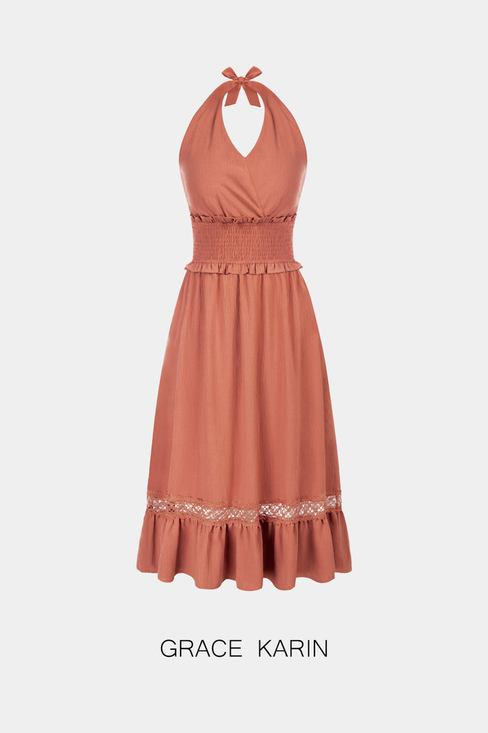 Grace Karin GRACE KARIN Backless Halter Surplice Tiered A-Line Dress