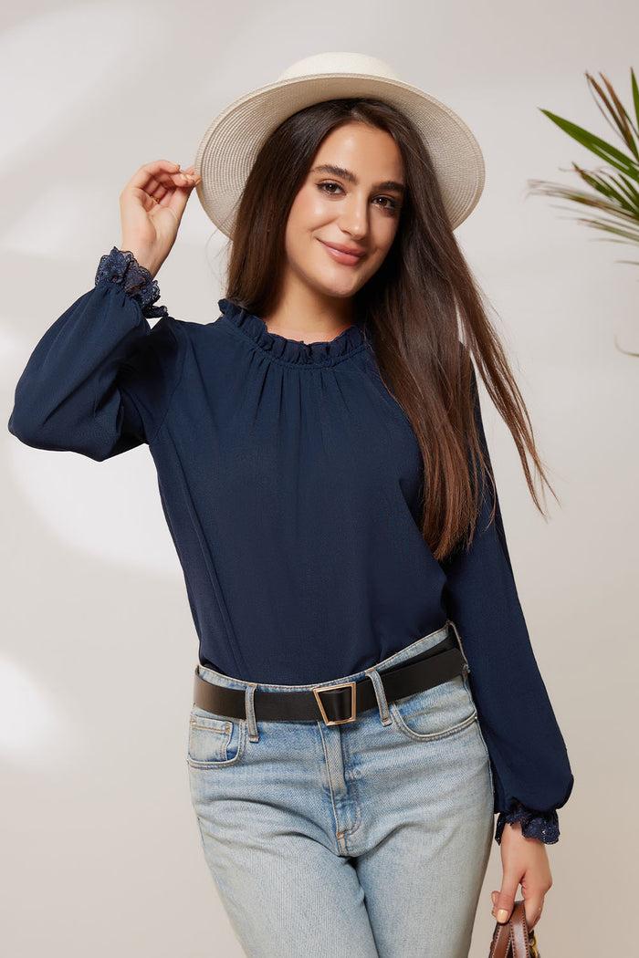 Grace Karin GRACE KARIN Chiffon Loose Fit Ruffled Crew Neck Blouse