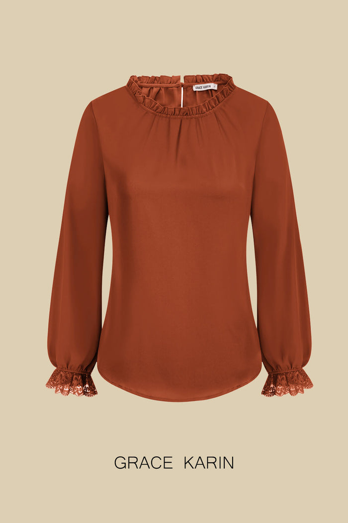 Grace Karin GRACE KARIN Chiffon Loose Fit Ruffled Crew Neck Blouse