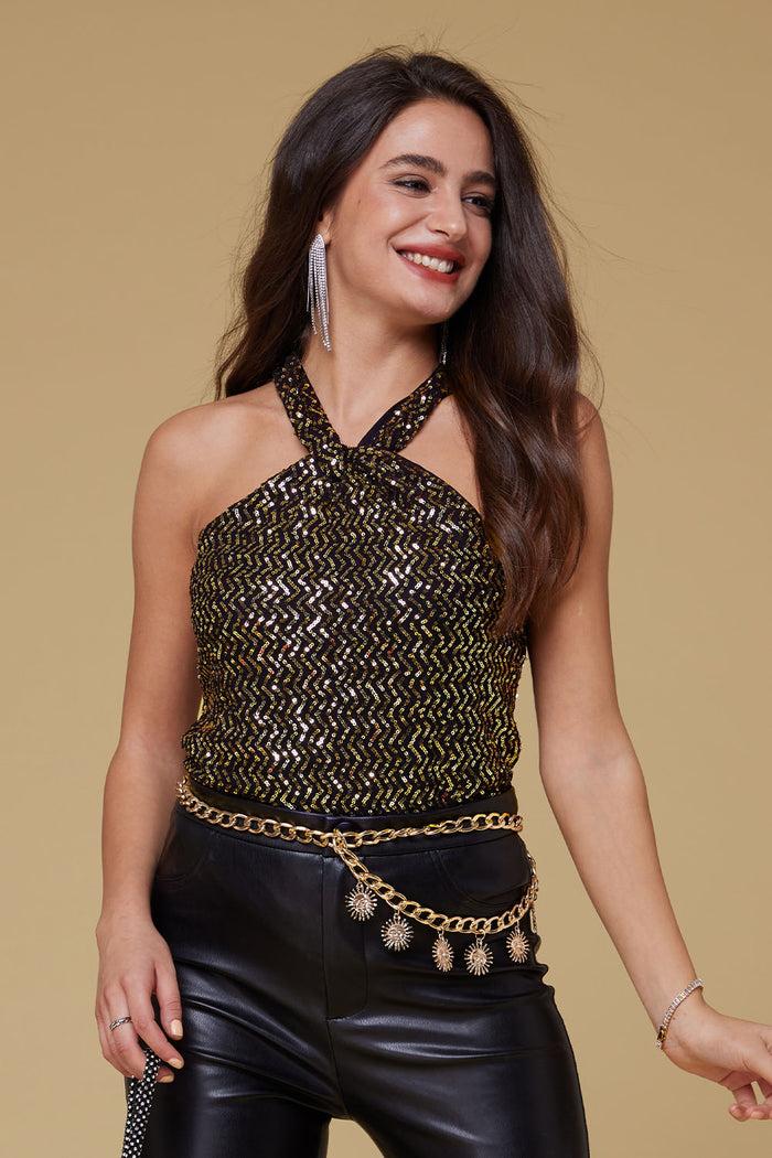 Grace Karin GRACE KARIN Halterneck Keyhole Front Sequined Tops