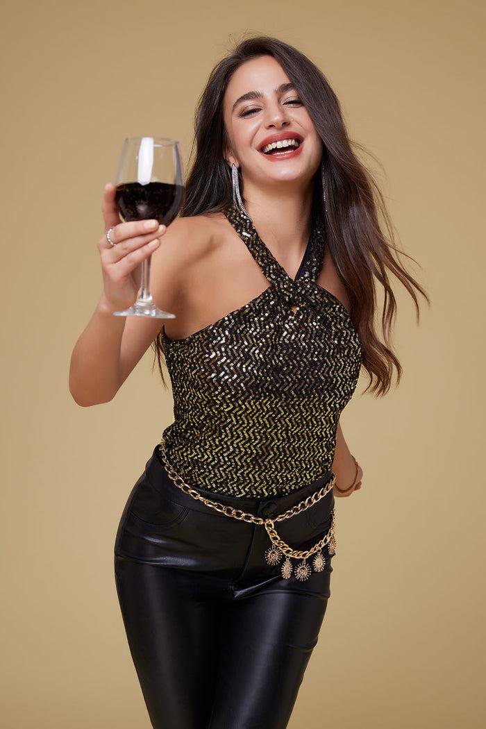 Grace Karin GRACE KARIN Halterneck Keyhole Front Sequined Tops