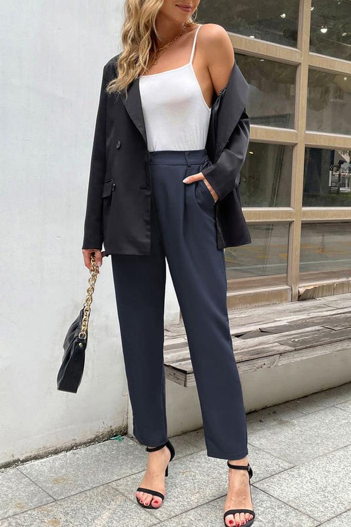 grace karin High Waist Solid Color Work Pants - Blue