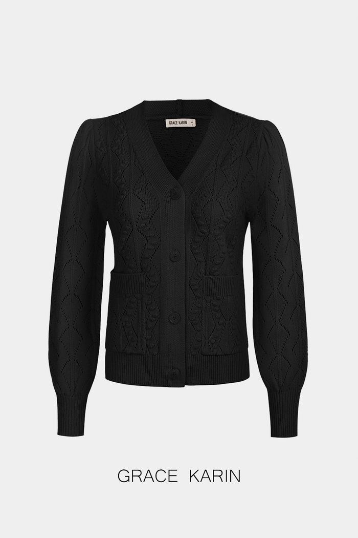 Grace Karin GRACE KARIN Hollowed-out Cardigan V-Neck Button-up Knitwear Sweater