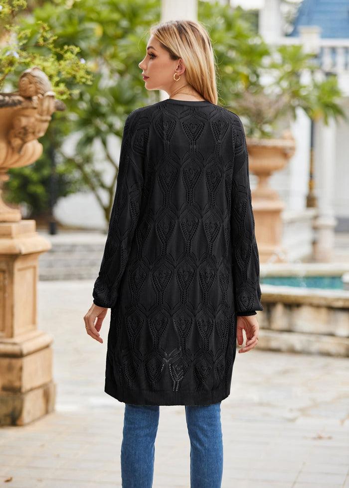 Grace Karin GRACE KARIN Hollowed-out Textured Cardigan Long Sleeve V-Neck Mid-Thigh Sweater