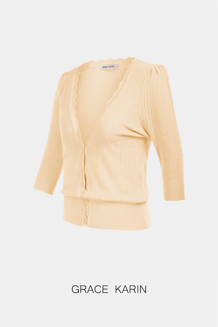 Grace Karin GRACE KARIN Hollowed-out Textured Knitwear 3/4 Sleeve Cardigan