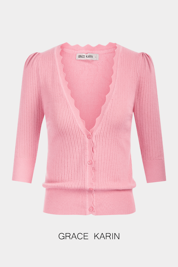Grace Karin GRACE KARIN Hollowed-out Textured Knitwear 3/4 Sleeve Cardigan