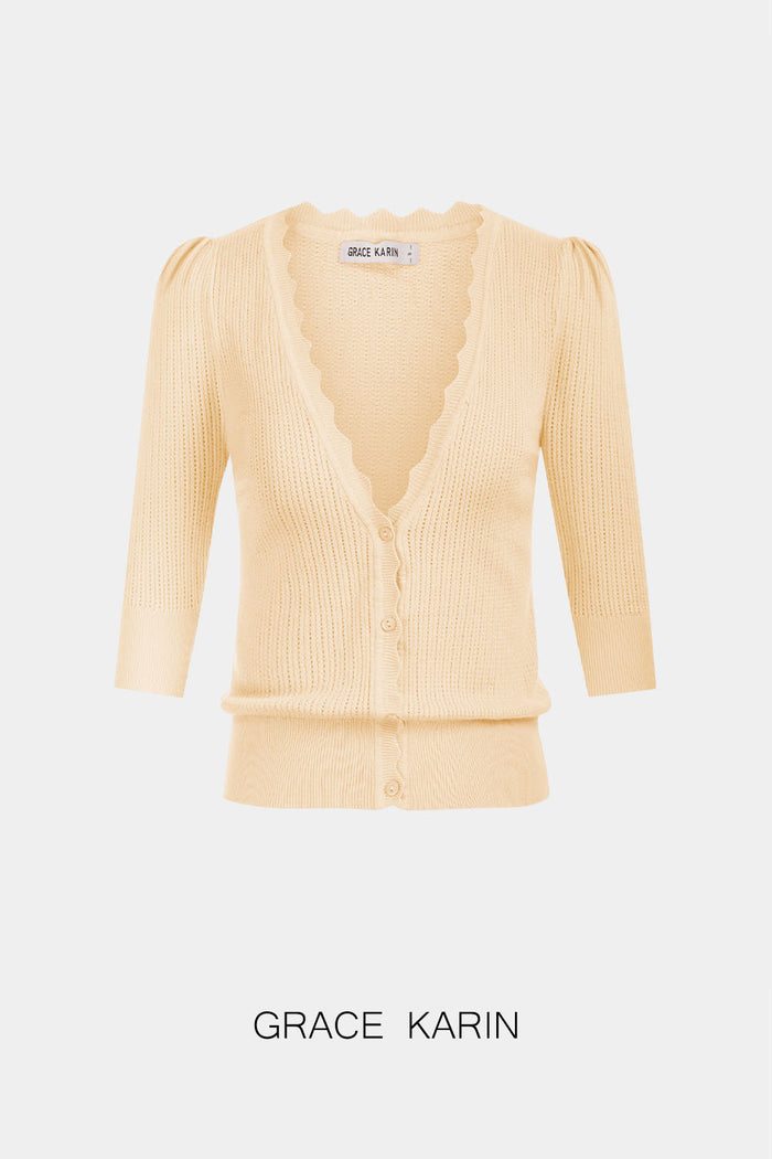 grace karin GRACE KARIN Hollowed-out Textured Knitwear 3/4 Sleeve Cardigan