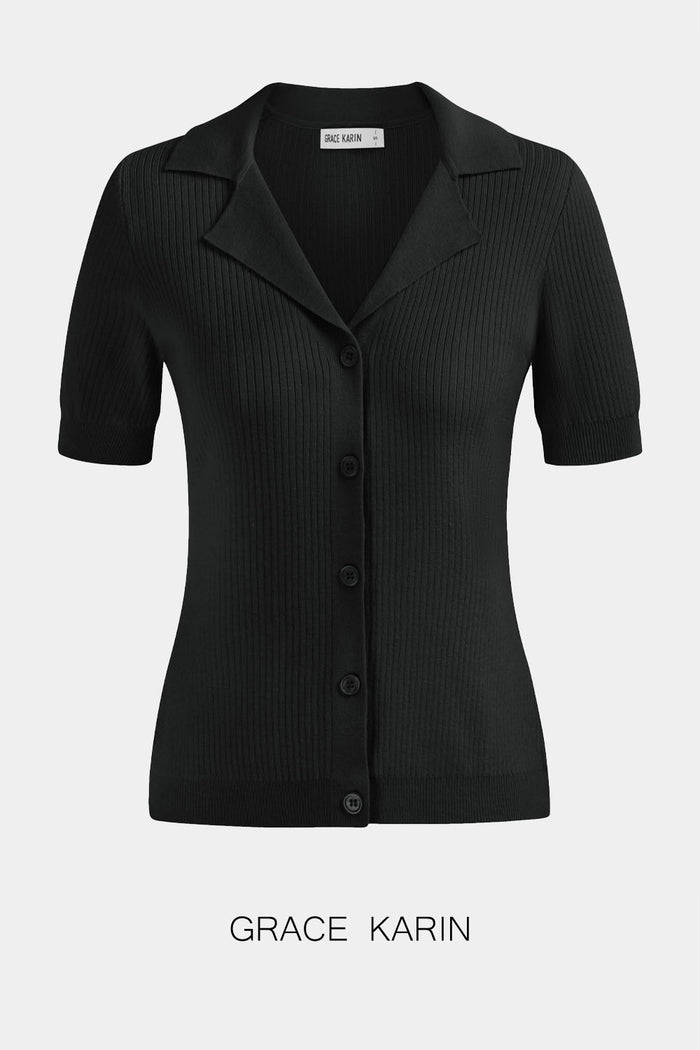 grace karin GRACE KARIN Lapel Ribbed Button-up Shirt