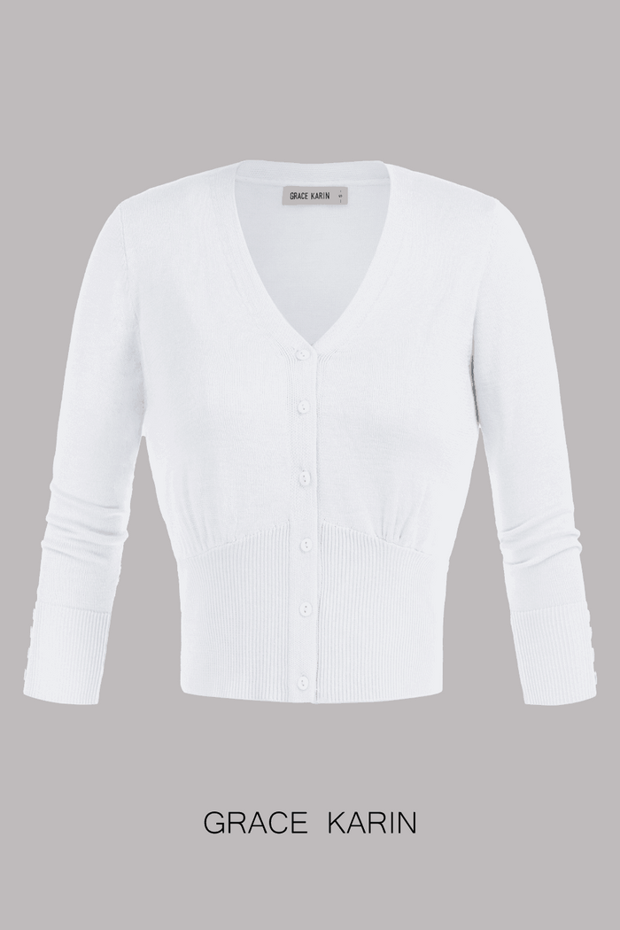 Grace Karin GRACE KARIN Ribbed Hem 3/4 Sleeves V-Neck Cropped Knitwear