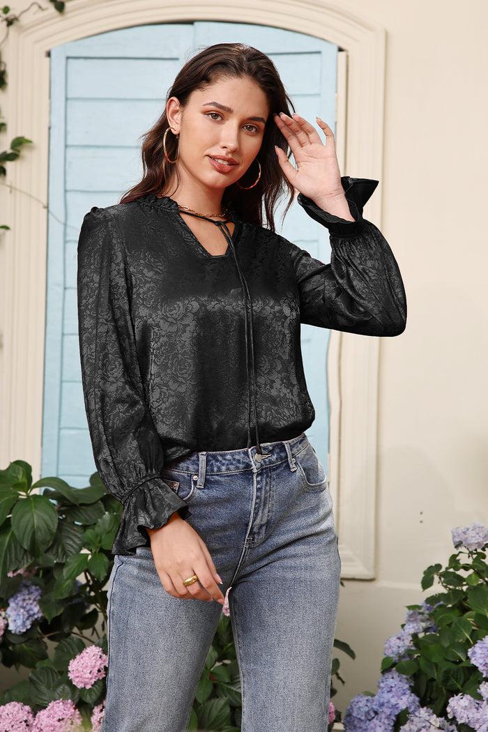 Grace Karin GRACE KARIN Ruffled Stand Collar Blouse Long Sleeve V-Neck Pullover Tops