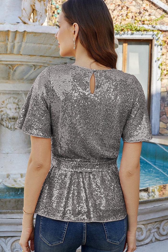 Grace Karin GRACE KARIN Sequined Short Bell Sleeve Party Tops