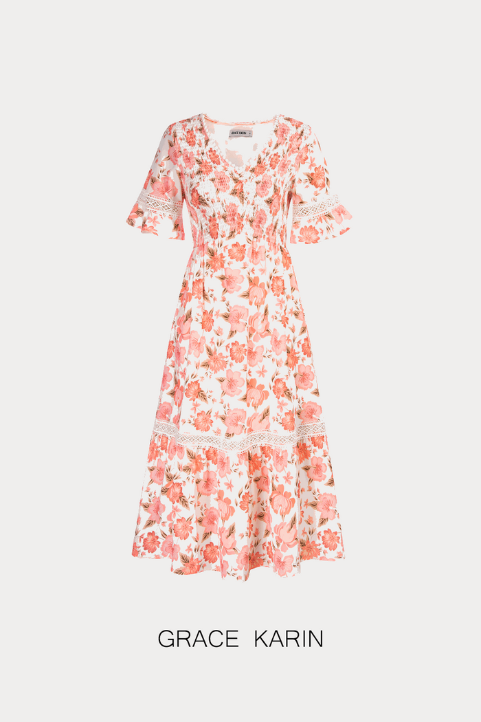 Grace Karin GRACE KARIN Smocked Bodice Dress Casual Short Bell Sleeve V-Neck A-Line Dress