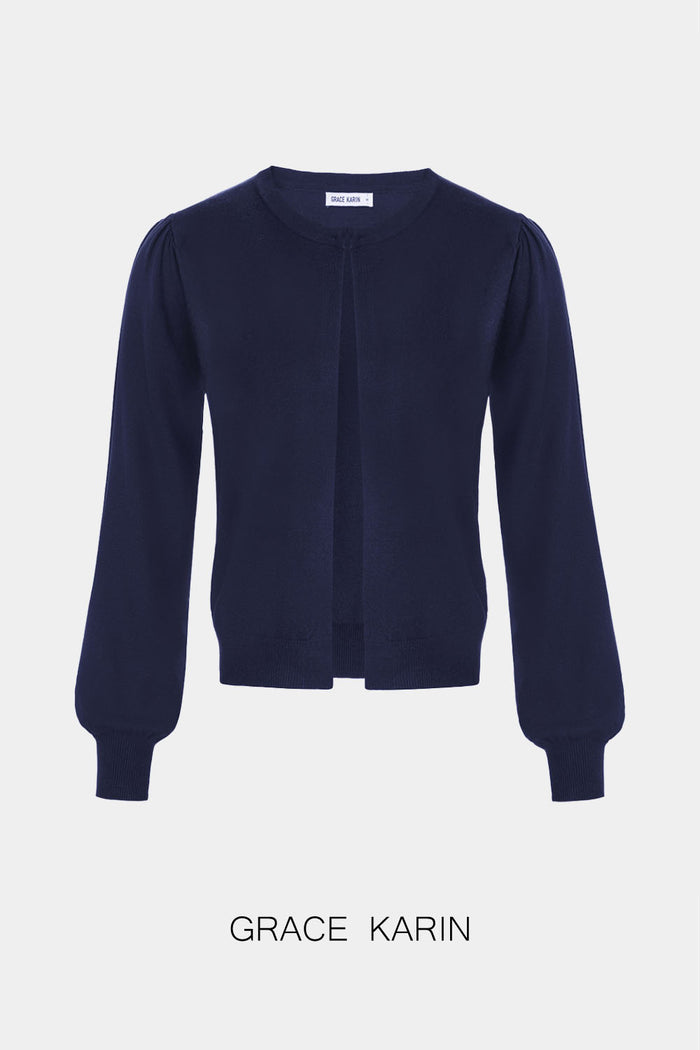 Grace Karin Grace Karin Women Cropped Cardigan Sweater Puffed Long Sleeve Crew Neck Knitwear