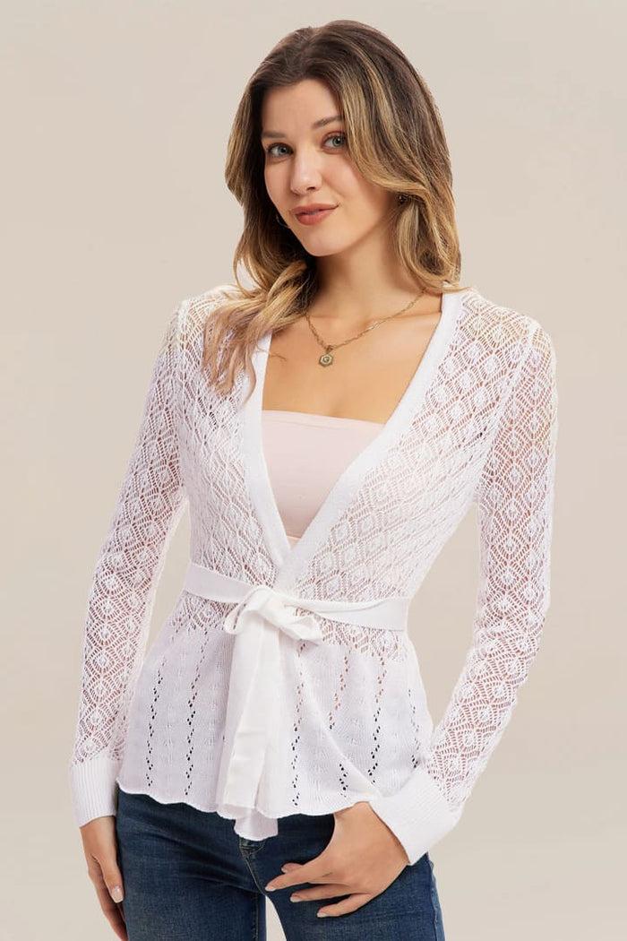 grace karin GRACE KARIN Women Hollowed-out Cardigan with Belt Long Sleeve Open Front Knitwear