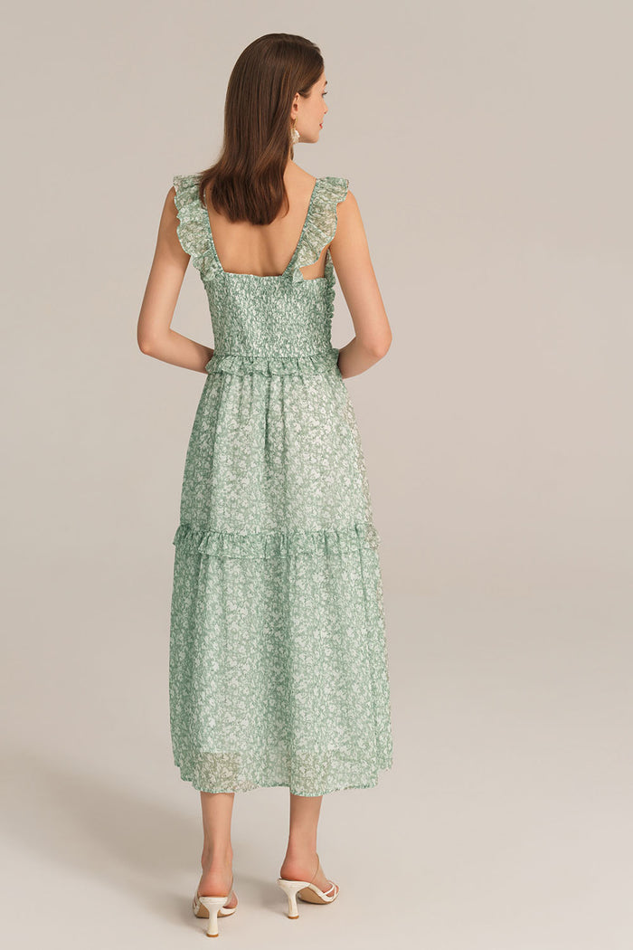 Grace Karin Halterneck Ruffle Decorated Flared Tiered Floral Midi Dress Dress - Green