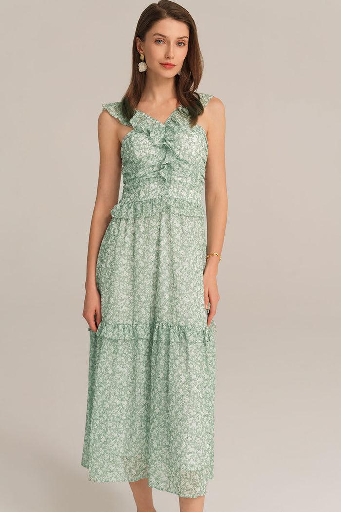 Grace Karin Halterneck Ruffle Decorated Flared Tiered Floral Midi Dress Dress - Green