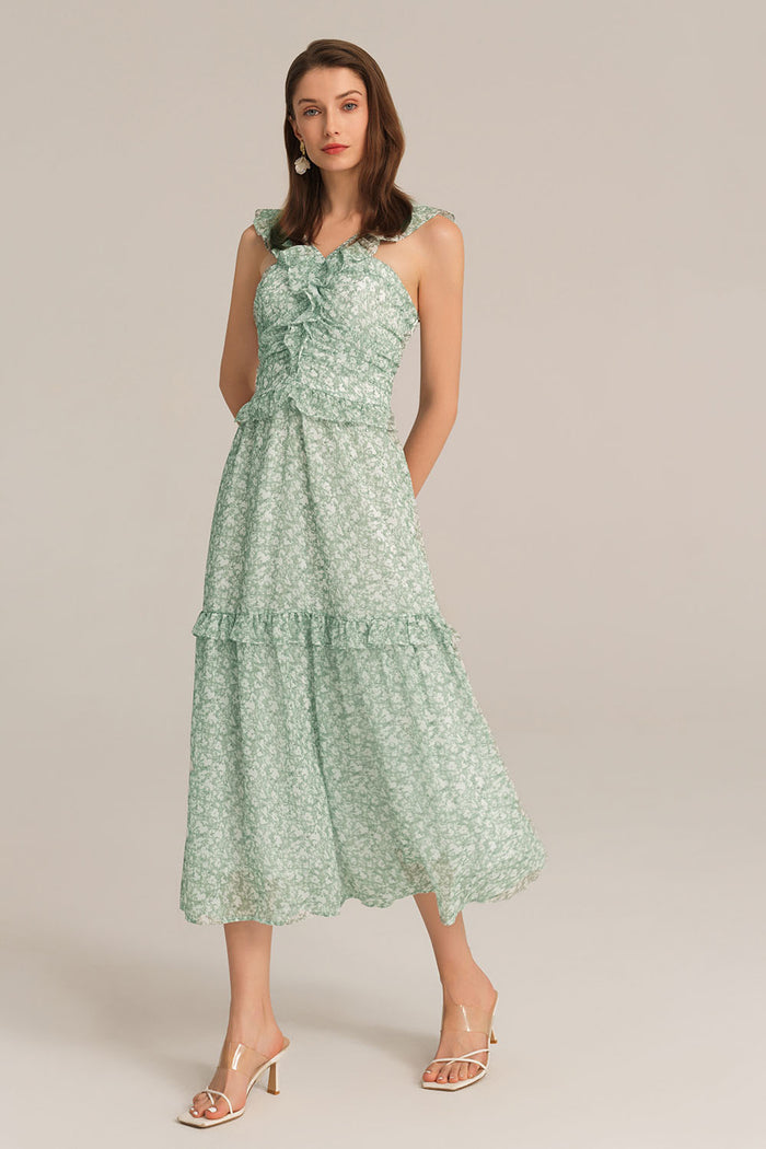 Grace Karin Halterneck Ruffle Decorated Flared Tiered Floral Midi Dress Dress - Green