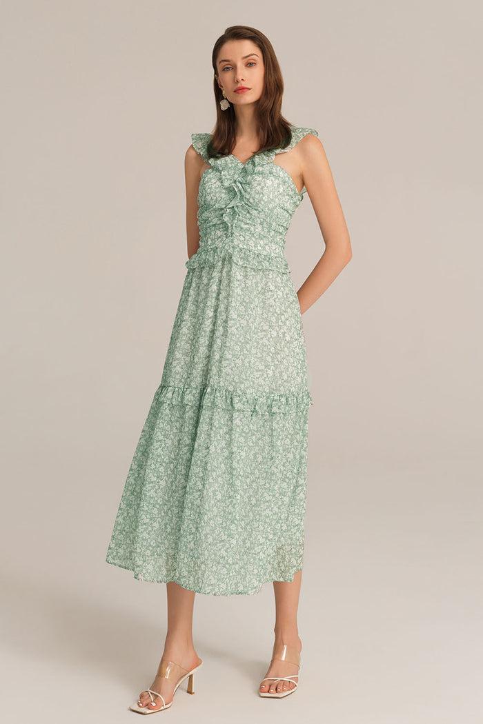 grace karin Halterneck Ruffle Decorated Flared Tiered Floral Midi Dress Dress - Green