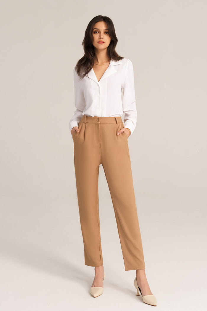 grace karin High Waist Solid Color Work Pants - Brown
