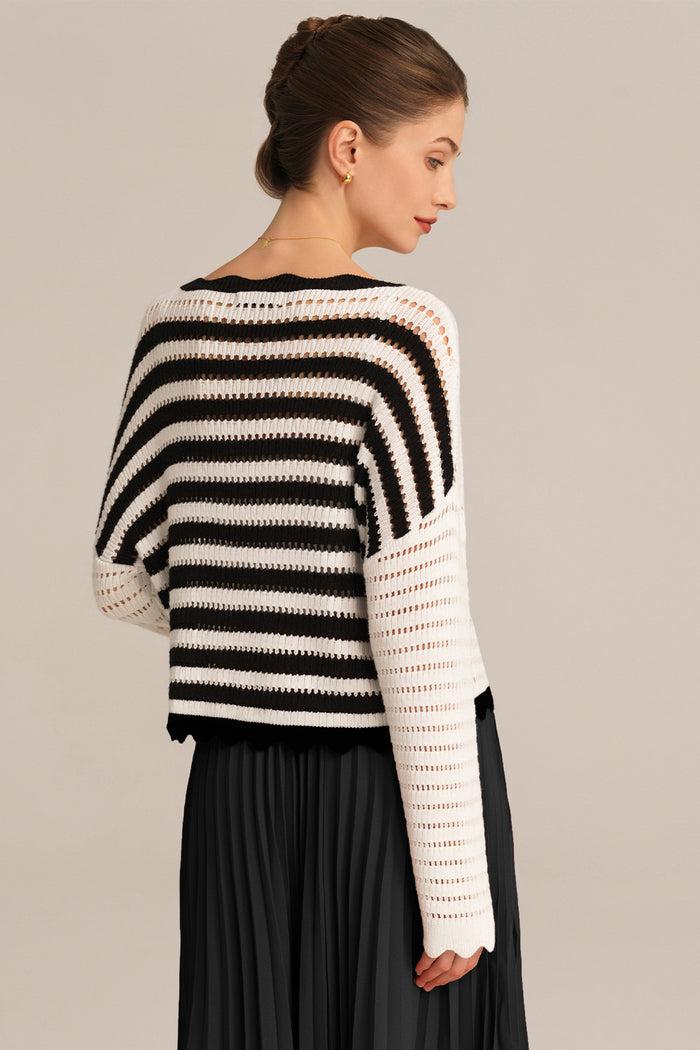 Grace Karin Hollowed-out Contrast Color Long Sleeve Button-up Cardigan