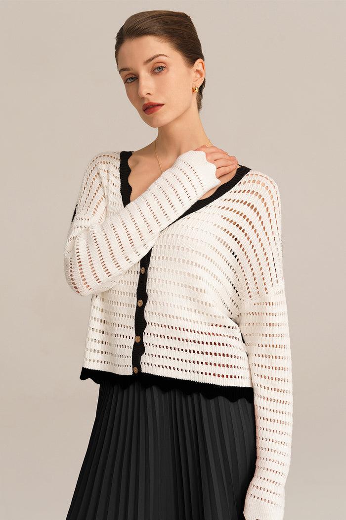 grace karin Hollowed-out Contrast Color Long Sleeve Button-up Cardigan