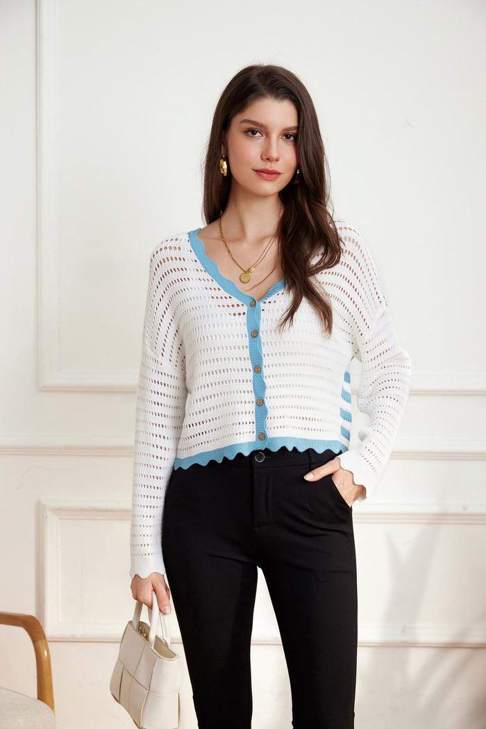 grace karin Hollowed-out Contrast Color Long Sleeve Button-up Cardigan