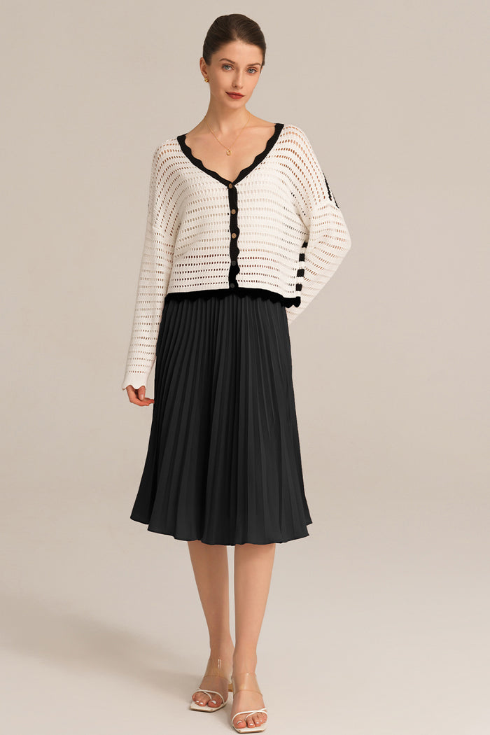 Grace Karin Hollowed-out Contrast Color Long Sleeve Button-up Cardigan